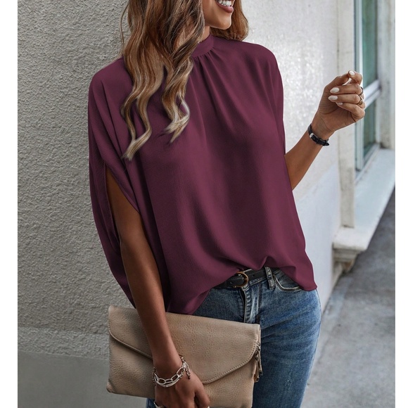 Burgundy Blouse Top Flowy, High Neck - Picture 1 of 11